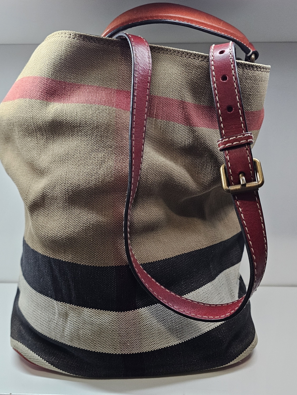 Burberry Beige Black Red Stripe Canvas Shoulder Bag